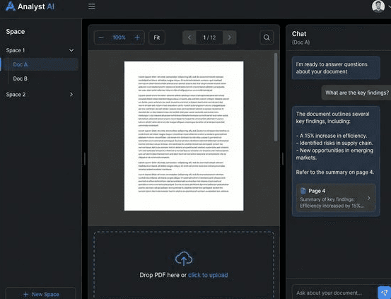 Analyst AI dashboard showing PDF analysis